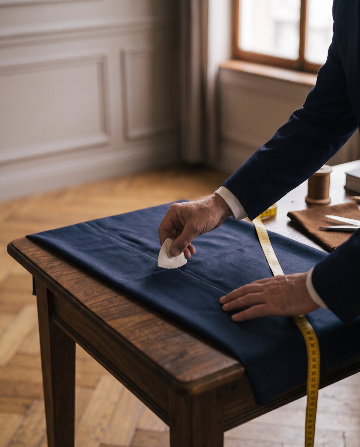 A tailor’s hands drawing a chalk line on navy wool cloth.